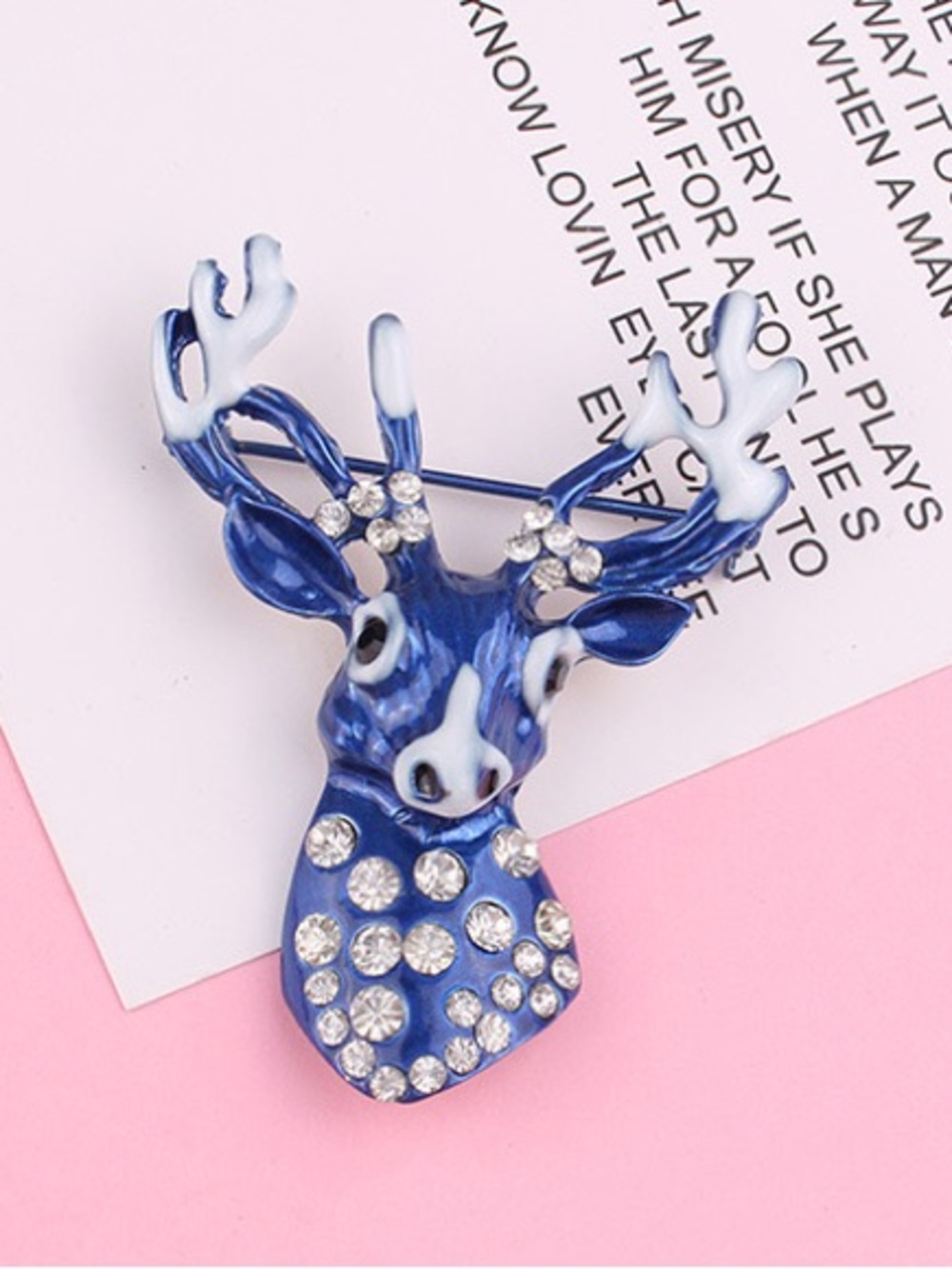 Blue Rhinestone Deer Brooch – Enamel Stag Head Antler Pin Animal Jewellery